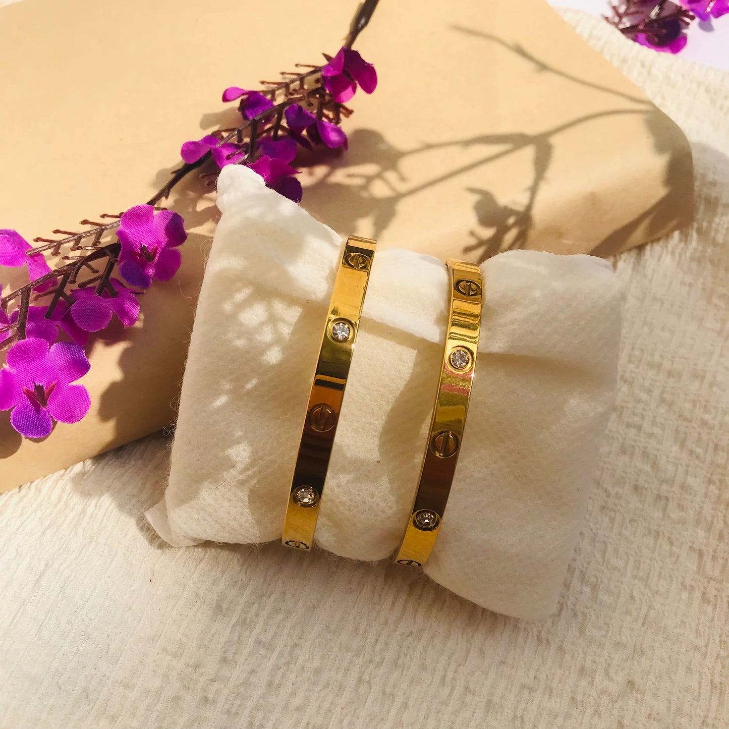 Stainless Steel Handcuff Bracelet – Gold Color with Crystal Detailing