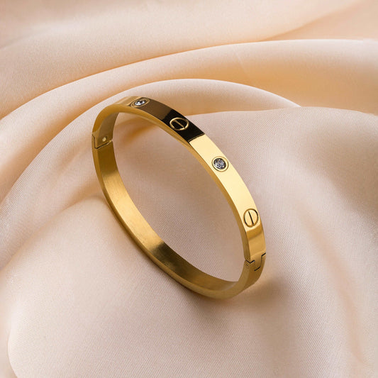 Stainless Steel Handcuff Bracelet – Gold Color with Crystal Detailing