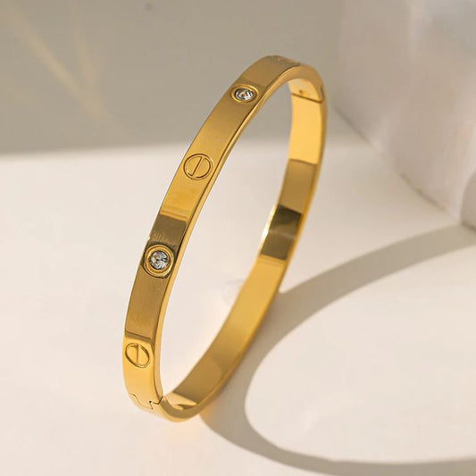Stainless Steel Handcuff Bracelet – Gold Color with Crystal Detailing